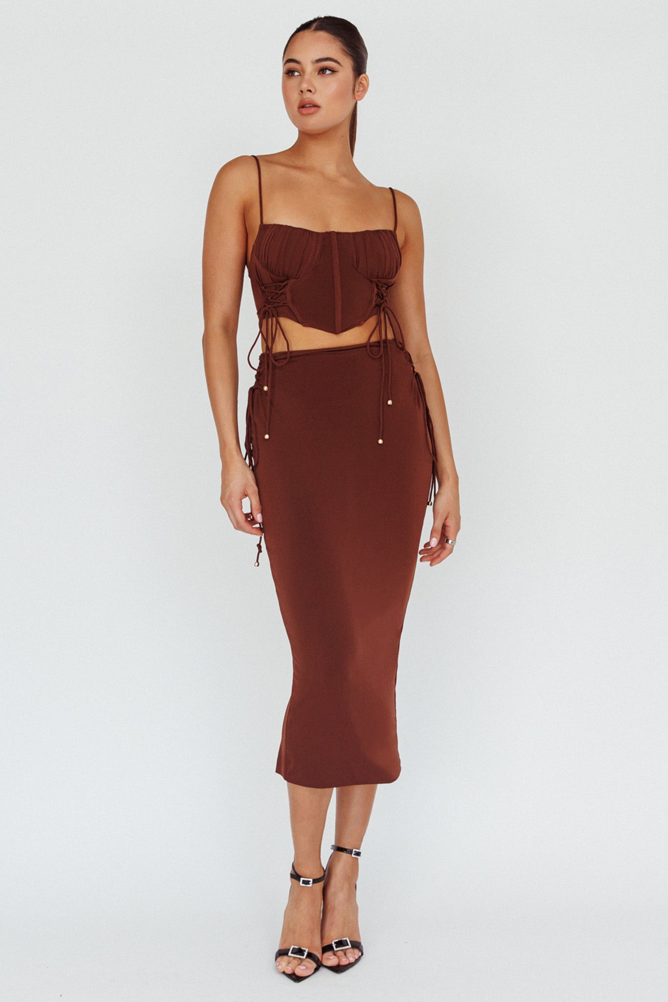Graziella Lace Up Midi Skirt Chocolate by Selfie Leslie Australia