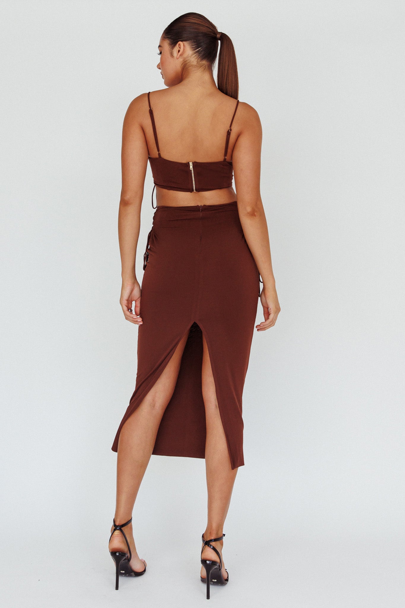 Graziella Lace Up Midi Skirt Chocolate by Selfie Leslie Australia
