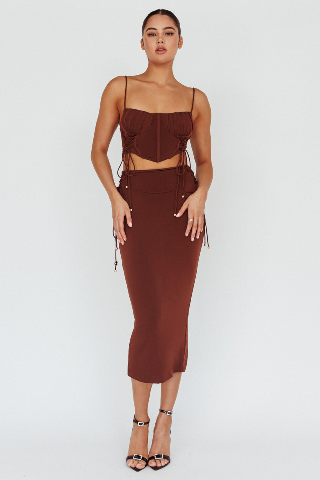 Graziella Lace Up Midi Skirt Chocolate by Selfie Leslie Australia