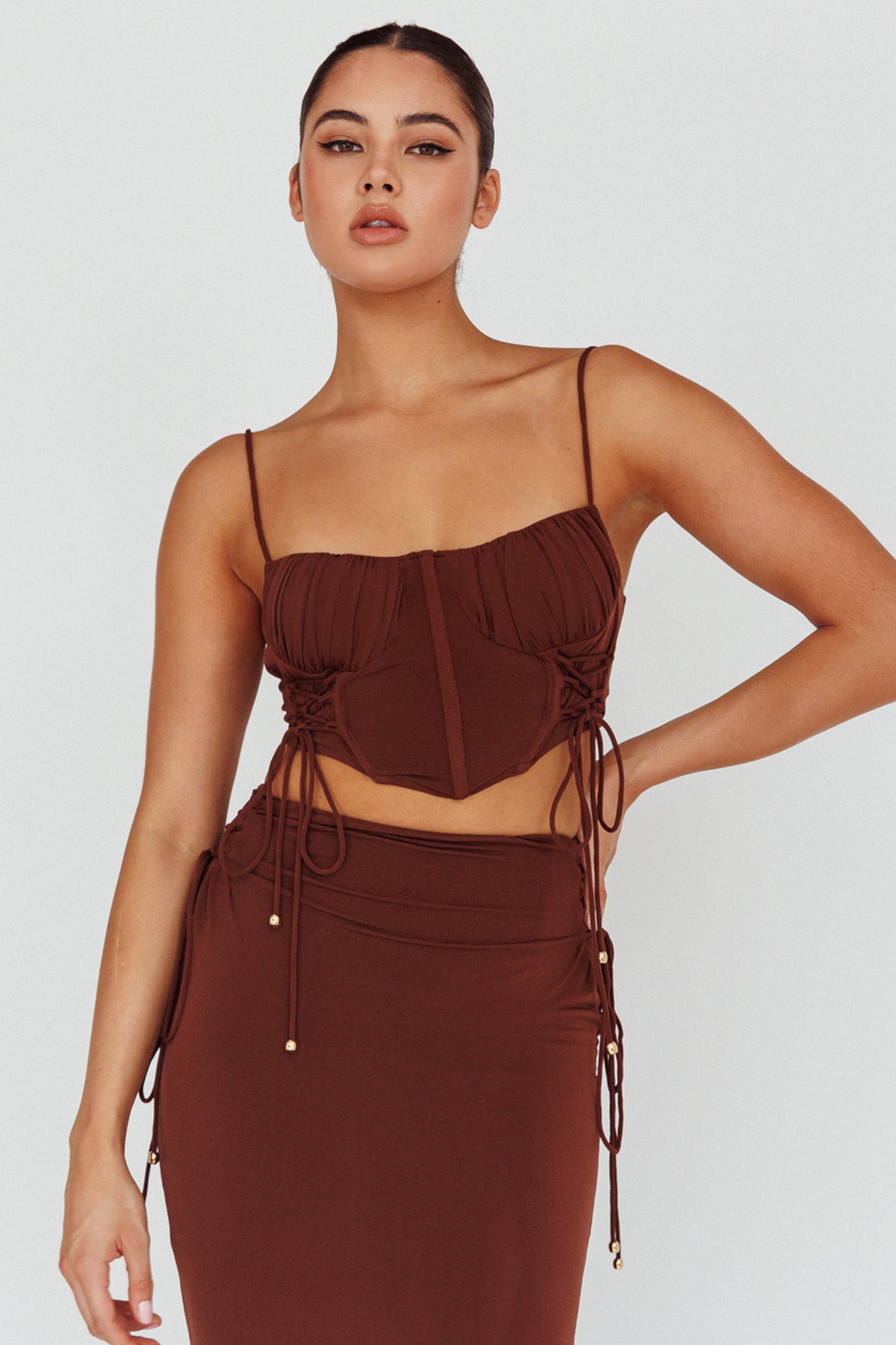 Graziella Corset Crop Top Chocolate by Selfie Leslie Australia