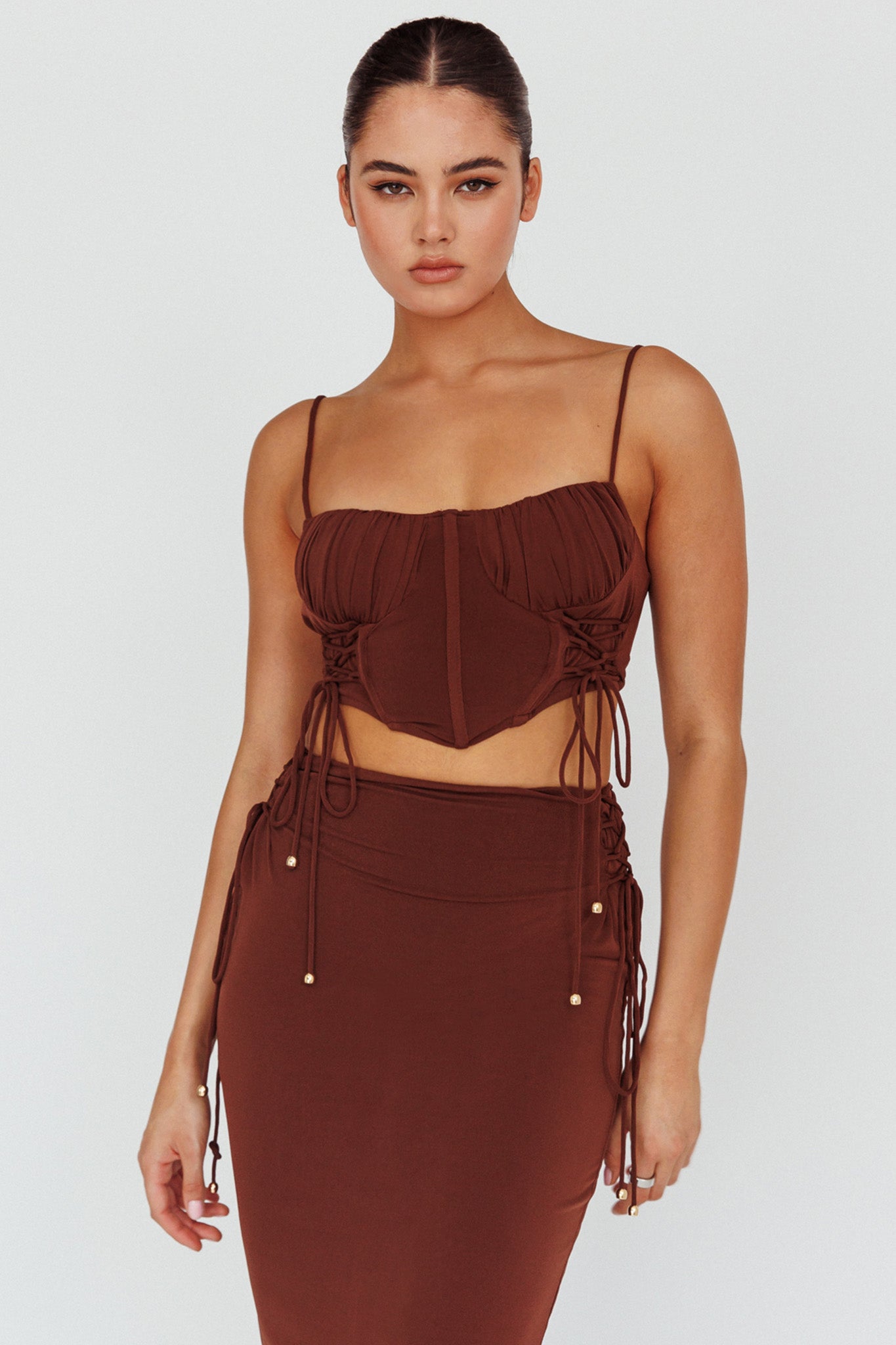 Graziella Corset Crop Top Chocolate by Selfie Leslie Australia