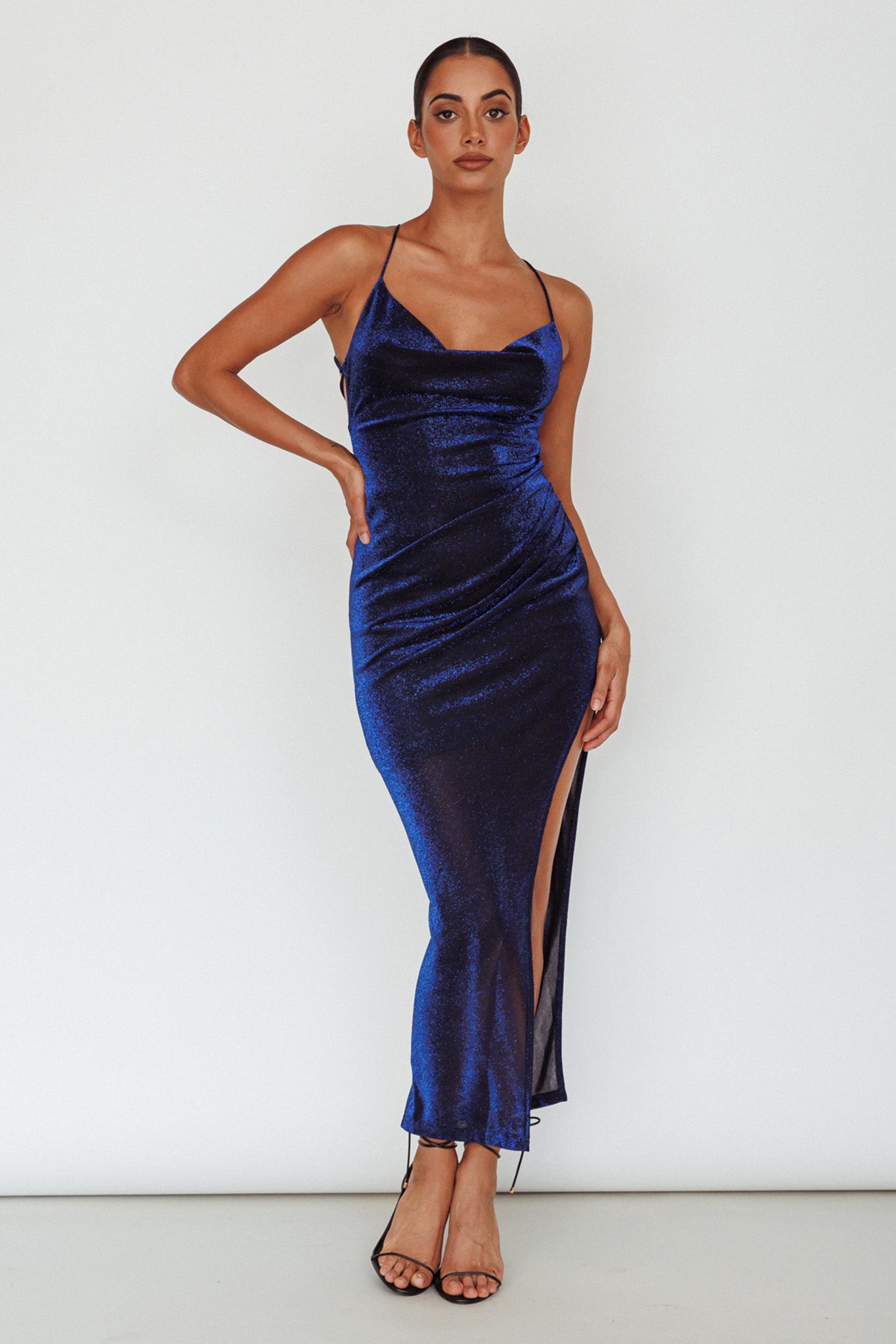 Moonstone Side Split Strappy Back Midi Dress Blue by Selfie Leslie Australia