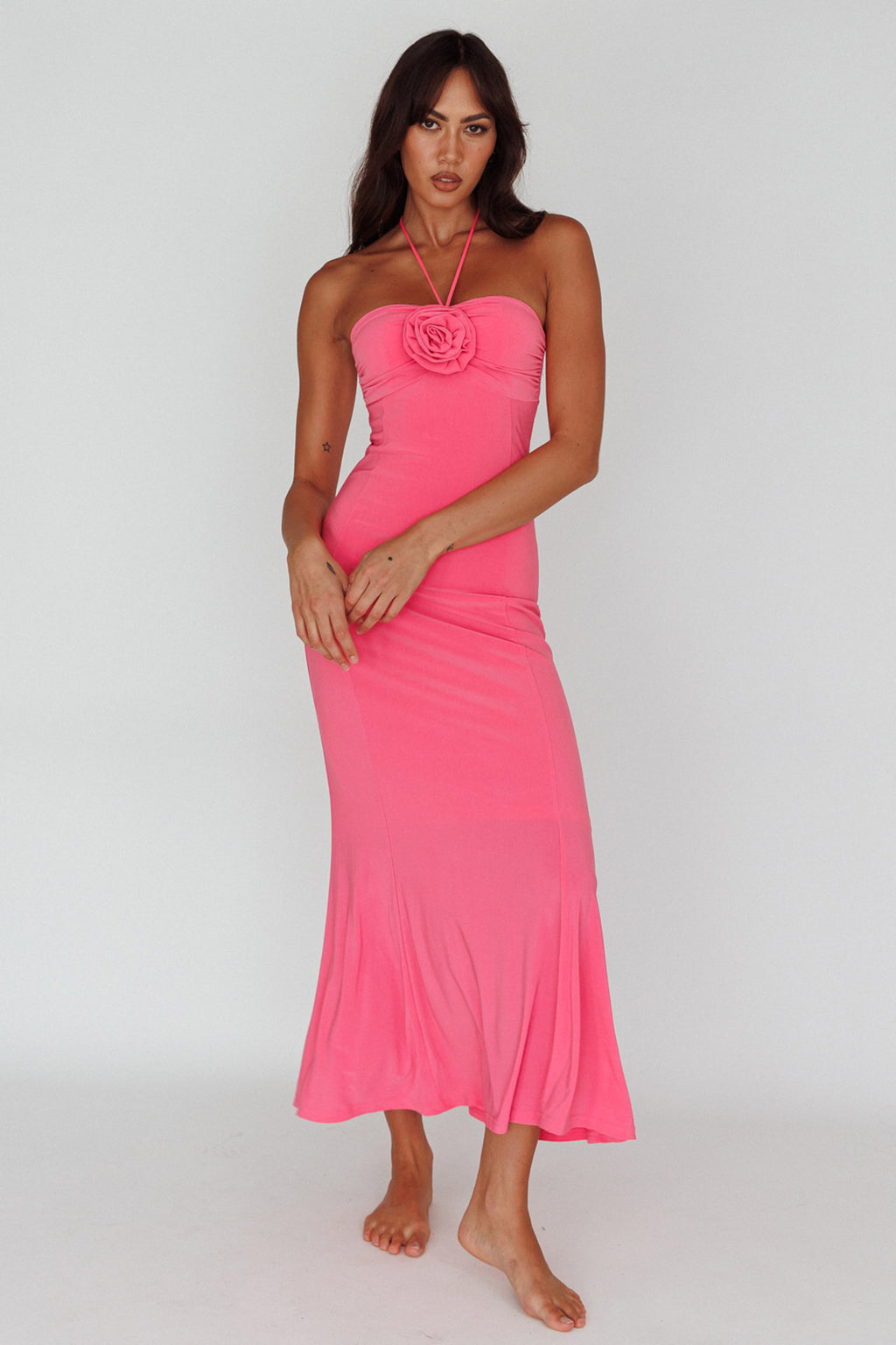 Ibiza Sunset Bust Flower Midi Dress Hot Pink by Selfie Leslie Australia
