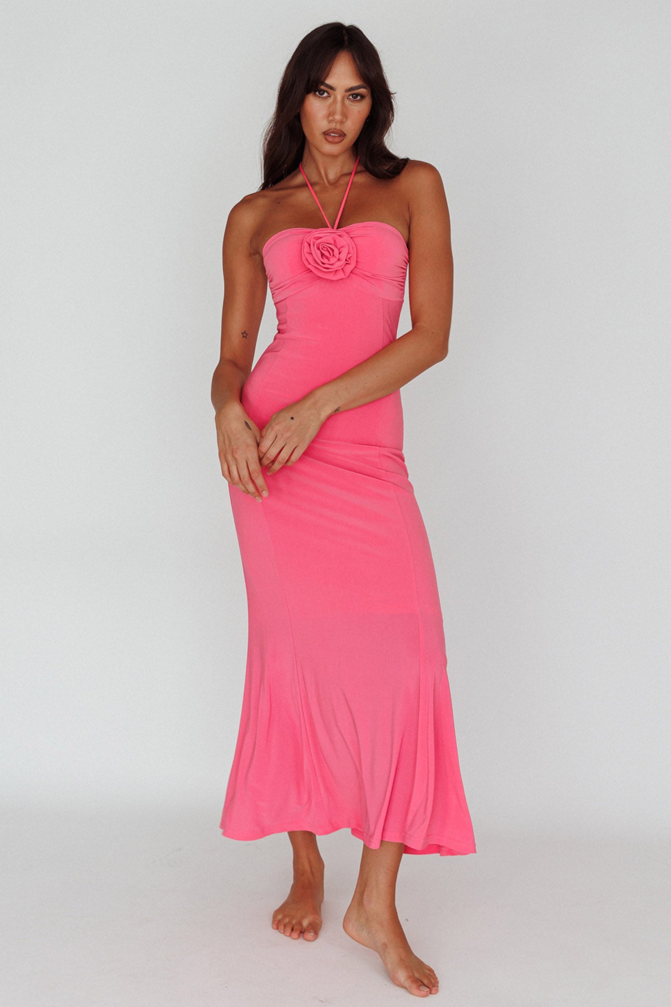 Ibiza Sunset Bust Flower Midi Dress Hot Pink by Selfie Leslie Australia