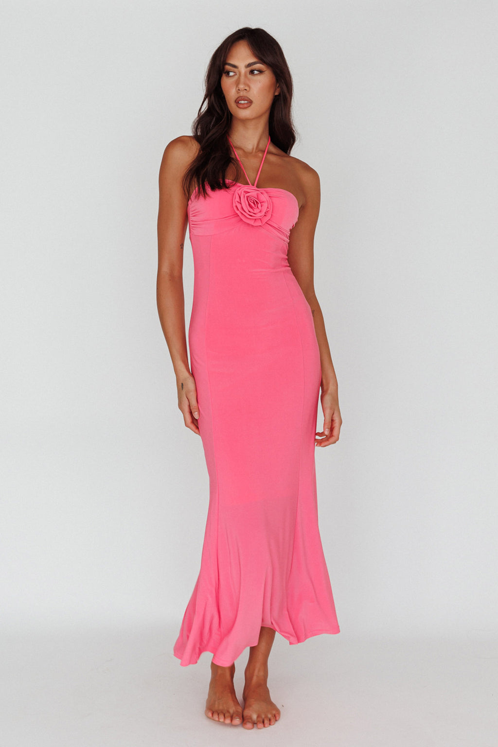 Ibiza Sunset Bust Flower Midi Dress Hot Pink by Selfie Leslie Australia
