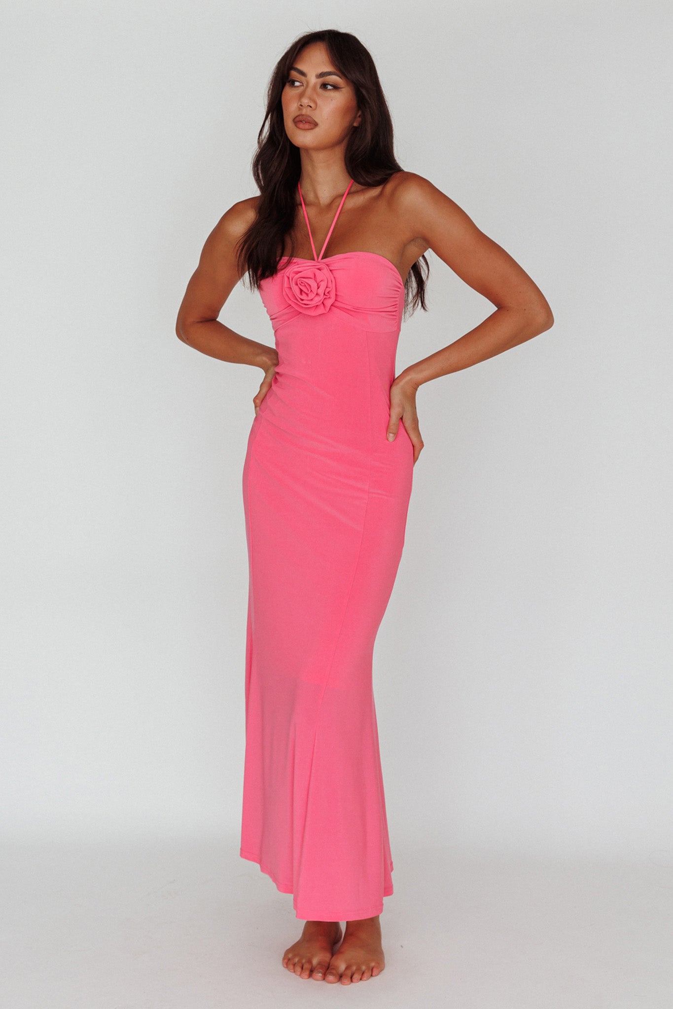 Ibiza Sunset Bust Flower Midi Dress Hot Pink by Selfie Leslie Australia