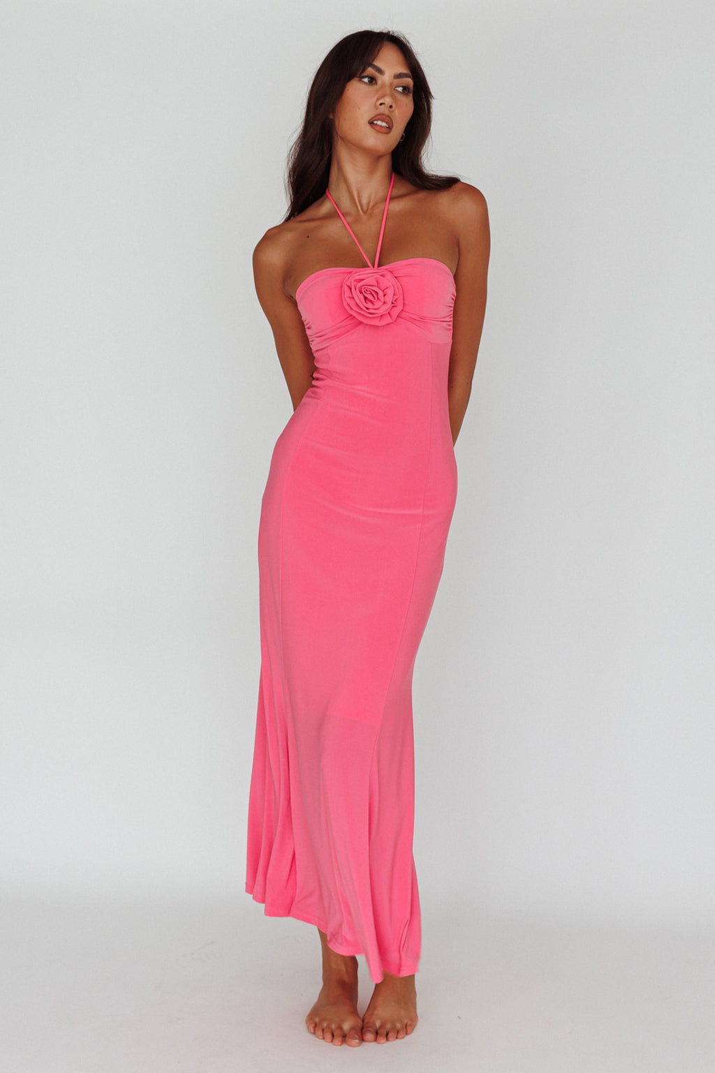Ibiza Sunset Bust Flower Midi Dress Hot Pink by Selfie Leslie Australia
