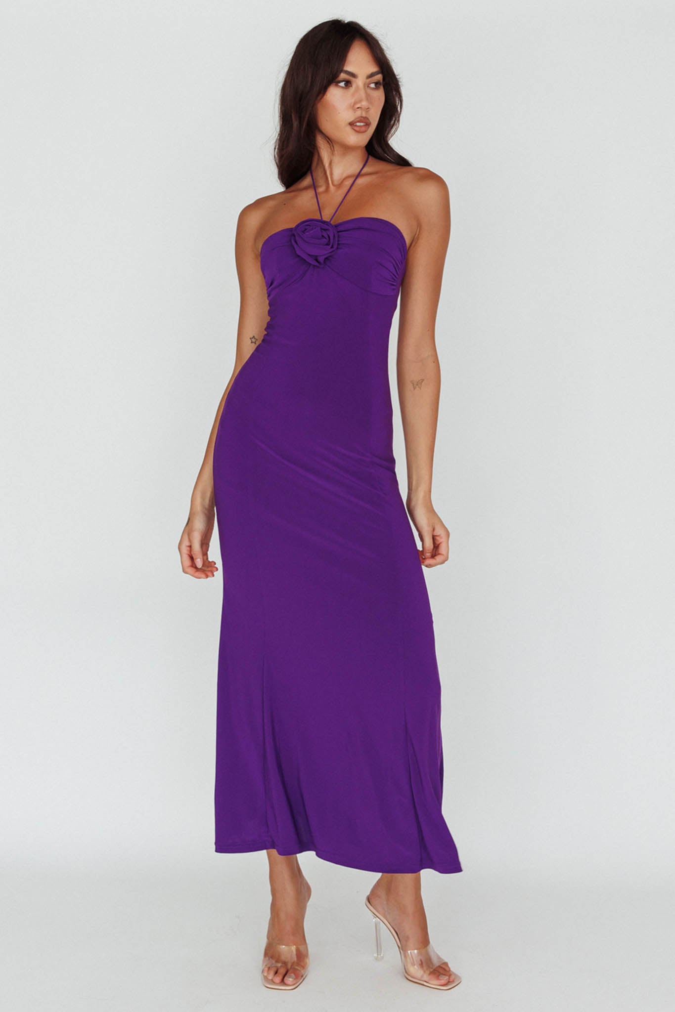 Ibiza Sunset Bust Flower Midi Dress Purple by Selfie Leslie Australia