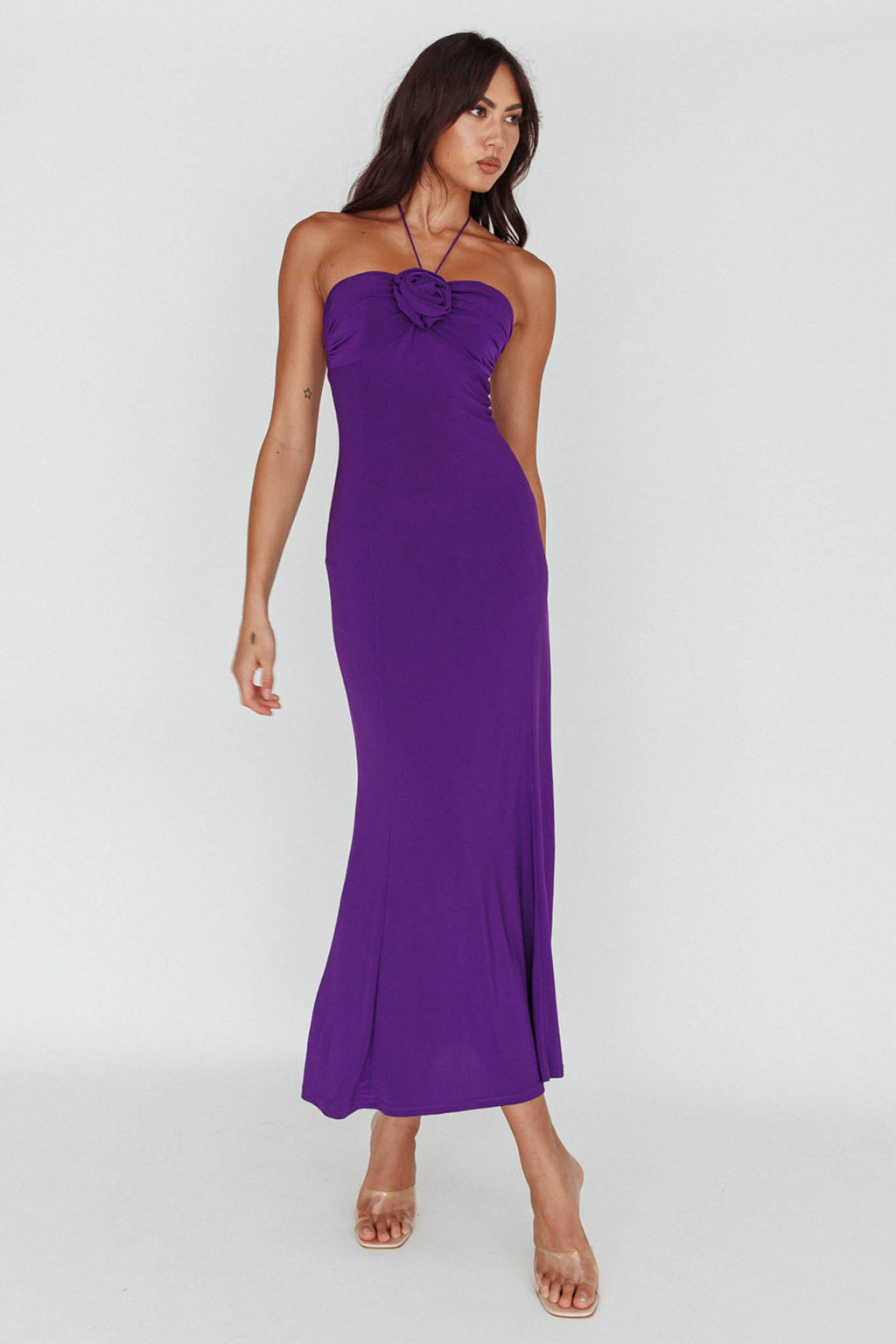 Ibiza Sunset Bust Flower Midi Dress Purple by Selfie Leslie Australia