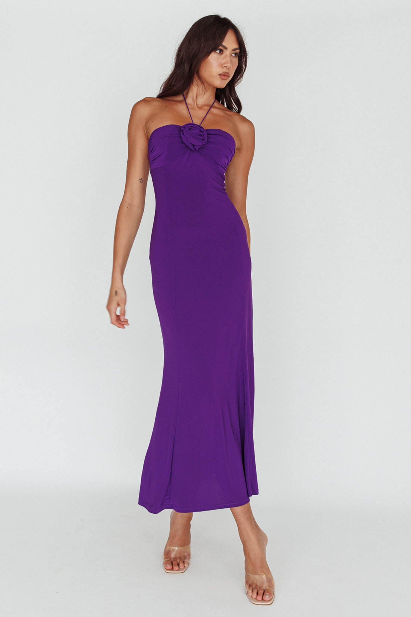Ibiza Sunset Bust Flower Midi Dress Purple by Selfie Leslie Australia