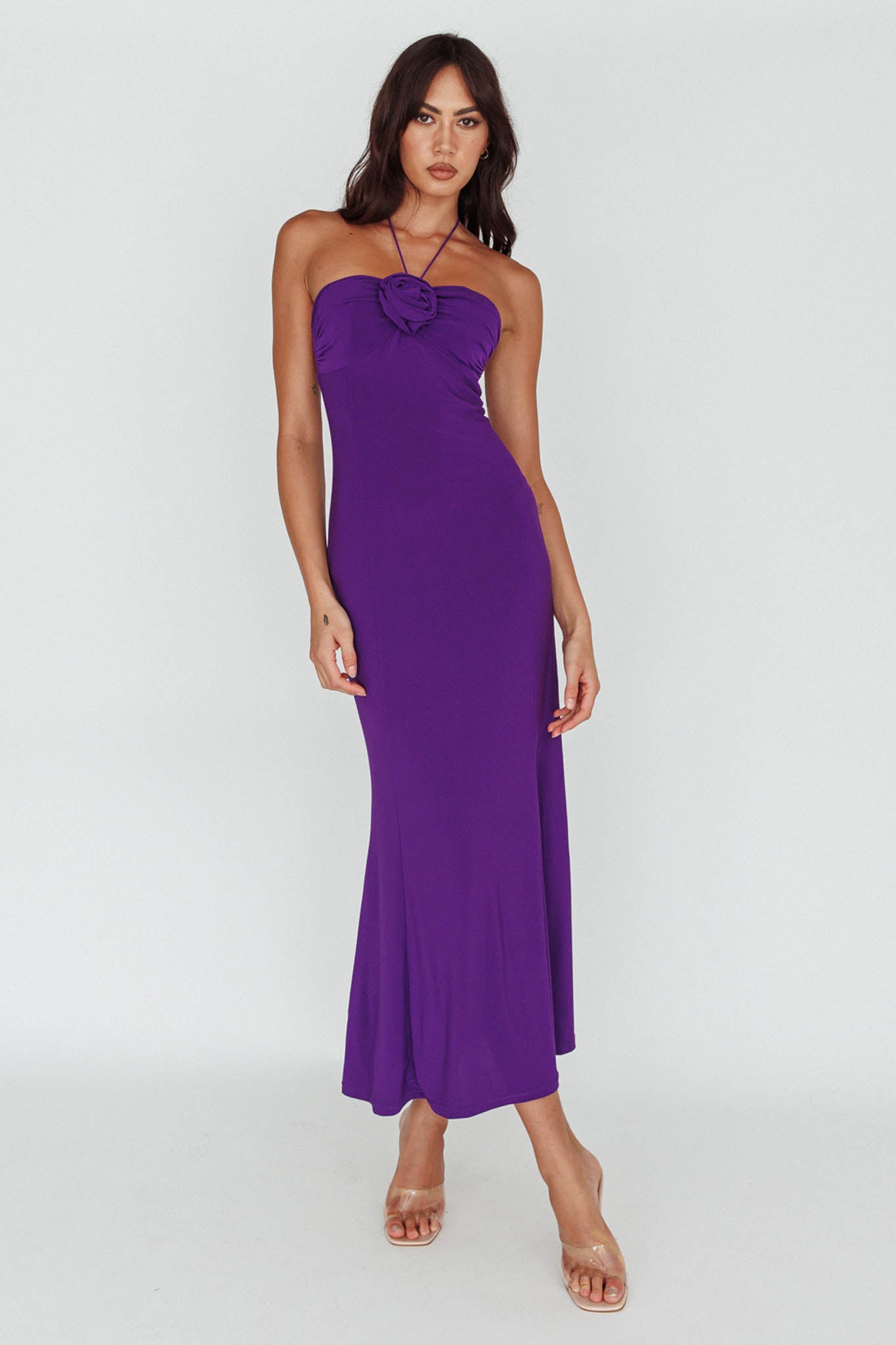 Ibiza Sunset Bust Flower Midi Dress Purple by Selfie Leslie Australia