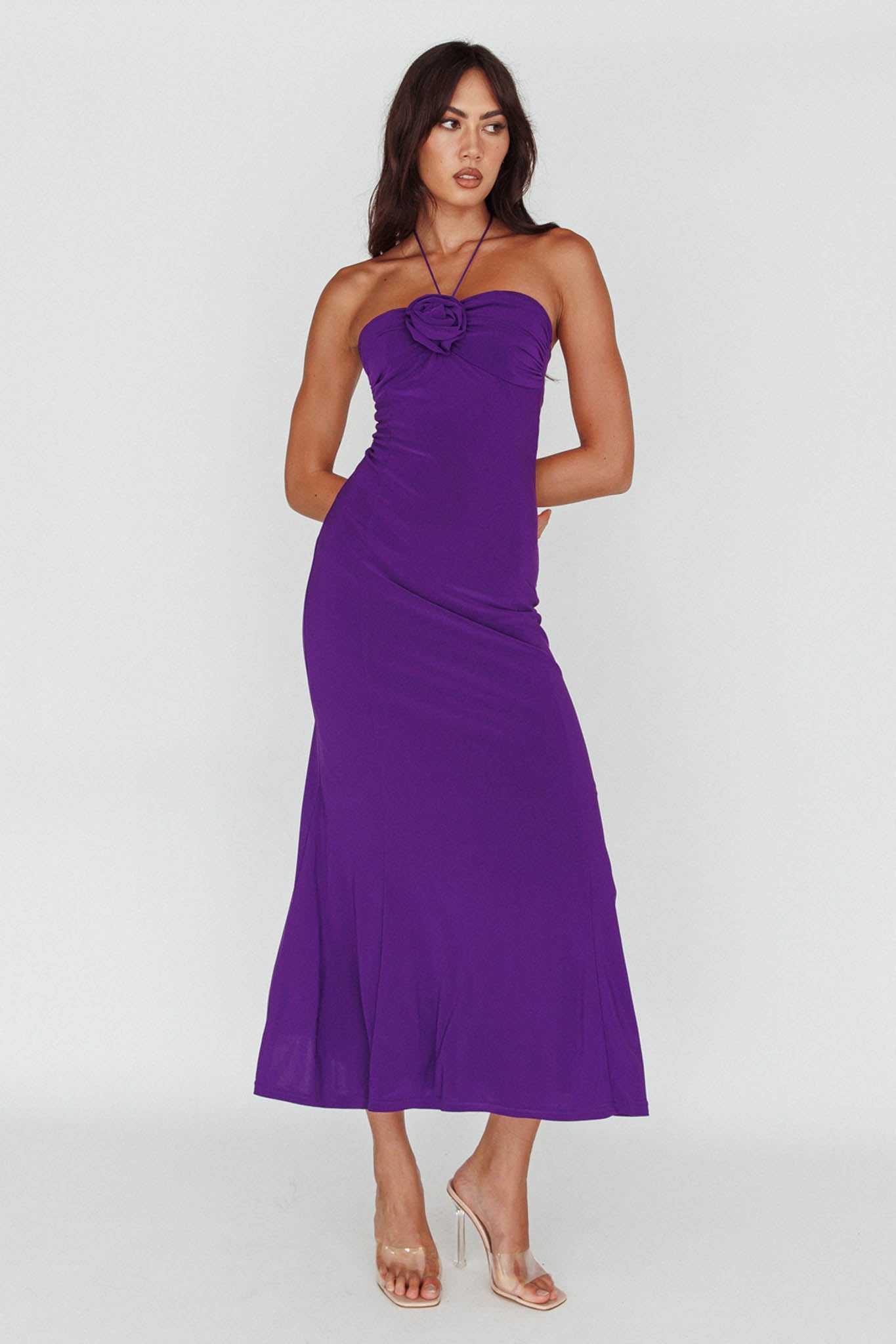 Ibiza Sunset Bust Flower Midi Dress Purple by Selfie Leslie Australia