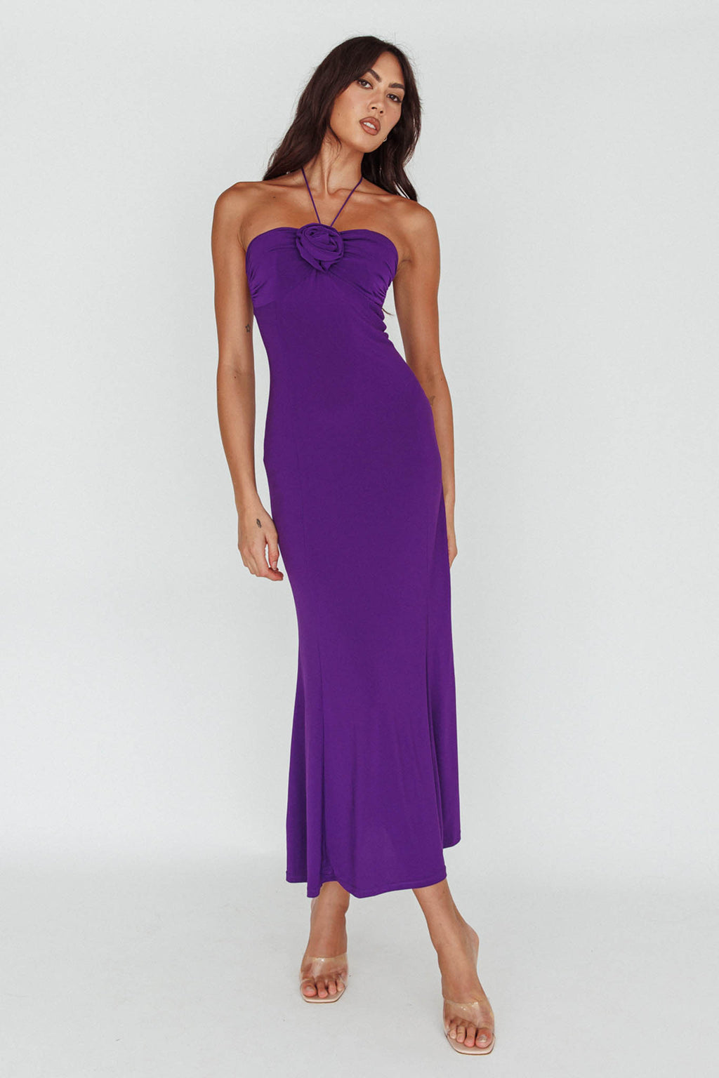Ibiza Sunset Bust Flower Midi Dress Purple by Selfie Leslie Australia