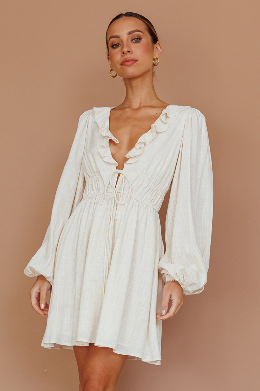 Carnivale Balloon Sleeve Ruffle Mini Dress Oat by Selfie Leslie Australia