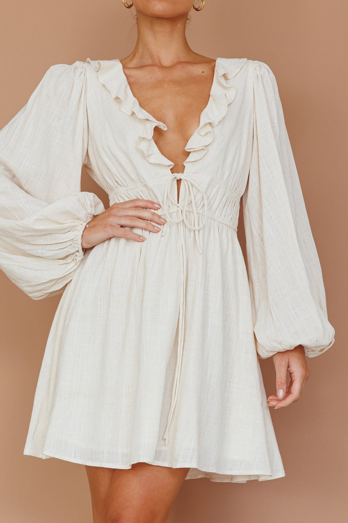 Carnivale Balloon Sleeve Ruffle Mini Dress Oat by Selfie Leslie Australia