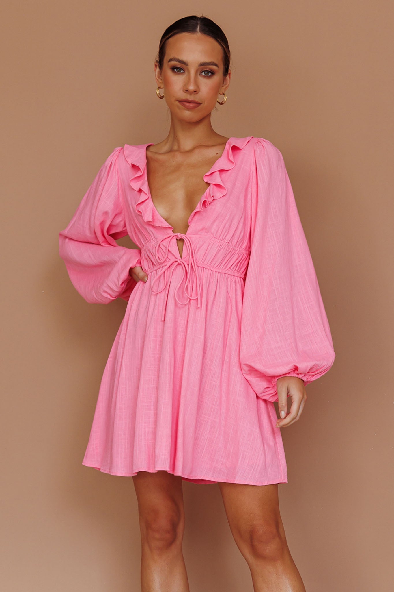 Carnivale Balloon Sleeve Ruffle Mini Dress Pink by Selfie Leslie Australia