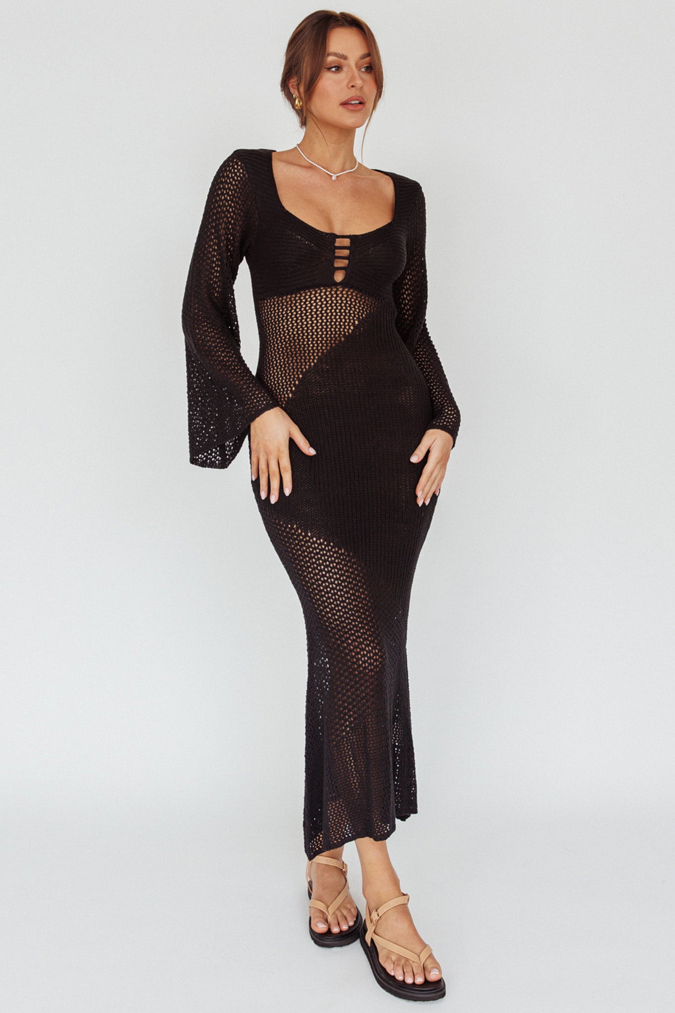 Zizi Long Sleeve Crochet Maxi Dress Black by Selfie Leslie Australia
