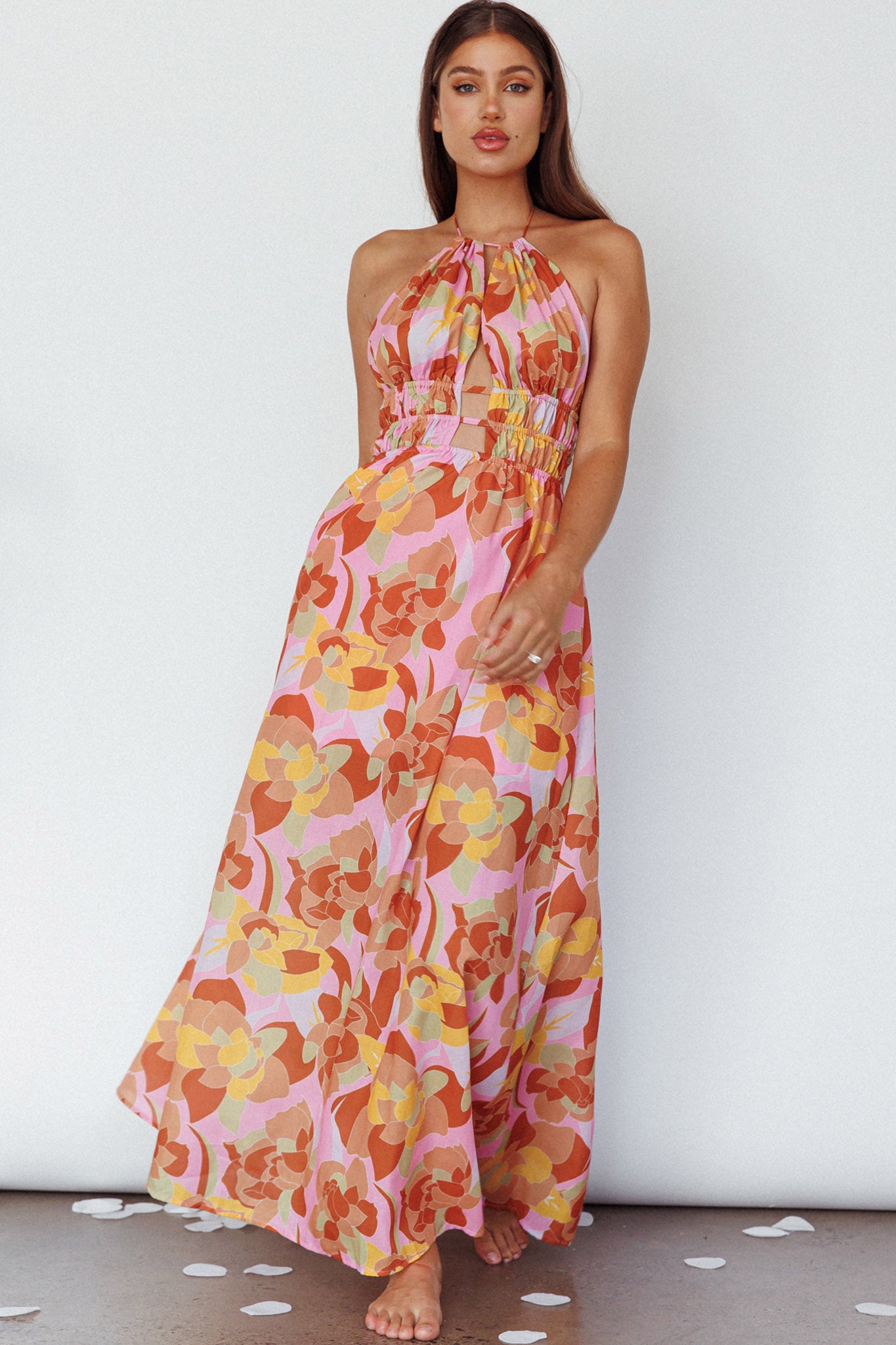 Cyndi Open Back Halterneck Maxi Dress Pink Multi by Selfie Leslie Australia