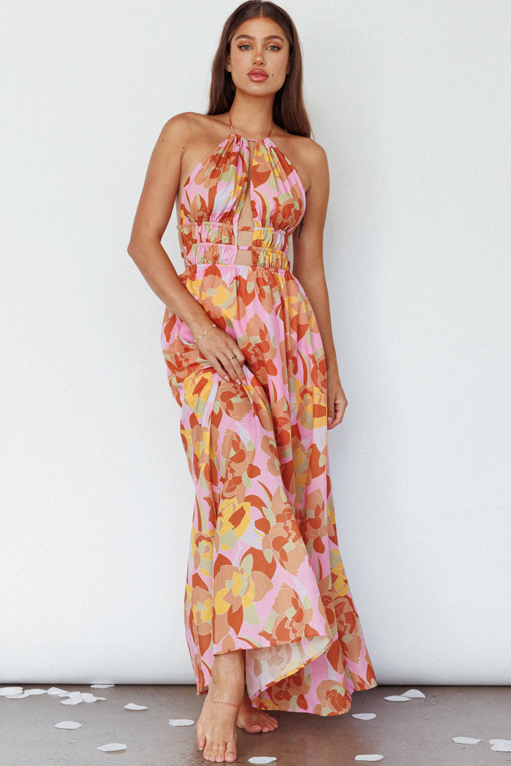 Cyndi Open Back Halterneck Maxi Dress Pink Multi by Selfie Leslie Australia