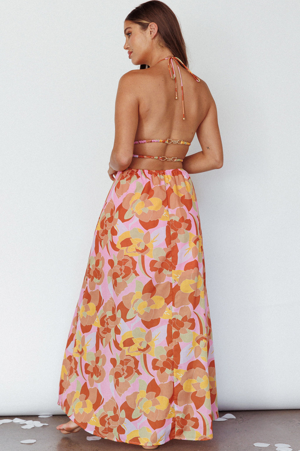 Cyndi Open Back Halterneck Maxi Dress Pink Multi by Selfie Leslie Australia