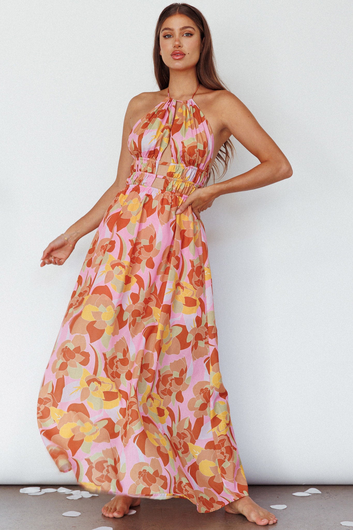 Cyndi Open Back Halterneck Maxi Dress Pink Multi by Selfie Leslie Australia