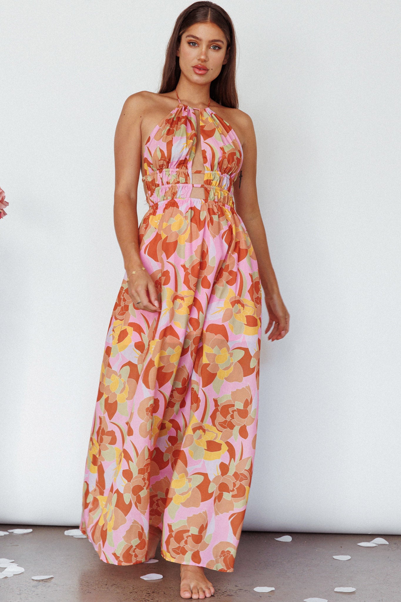 Cyndi Open Back Halterneck Maxi Dress Pink Multi by Selfie Leslie Australia