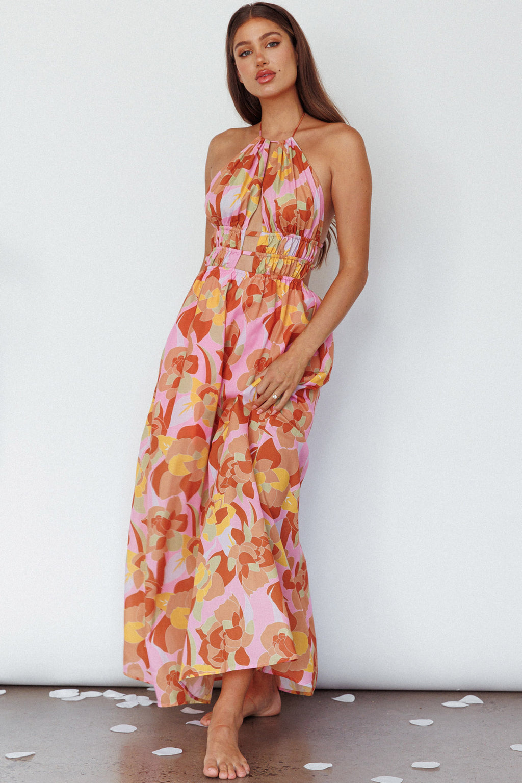 Cyndi Open Back Halterneck Maxi Dress Pink Multi by Selfie Leslie Australia