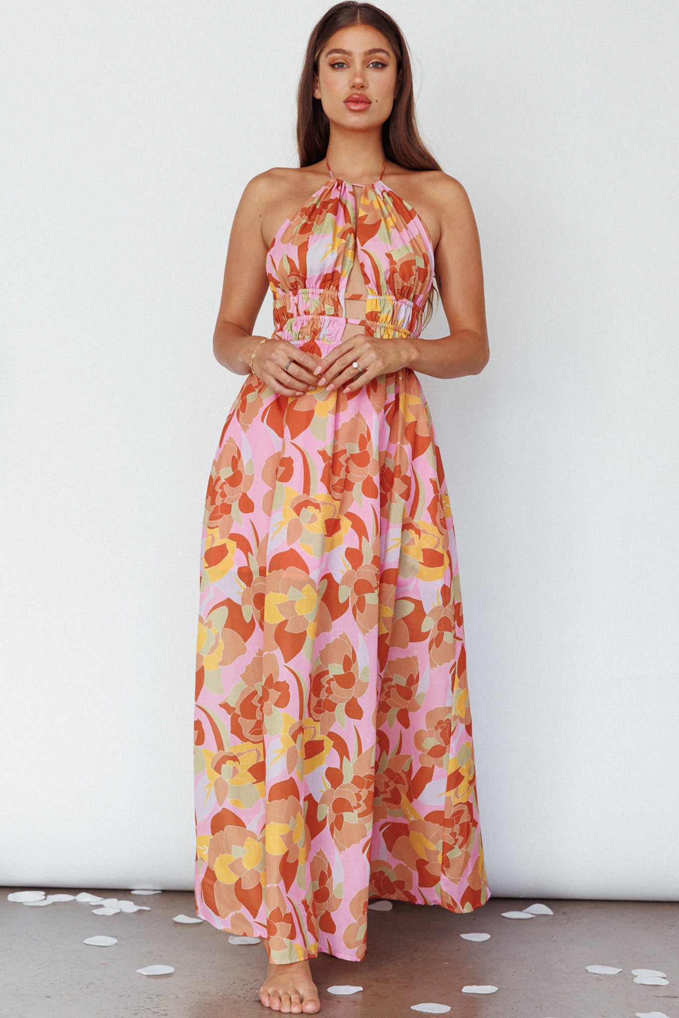 Cyndi Open Back Halterneck Maxi Dress Pink Multi by Selfie Leslie Australia