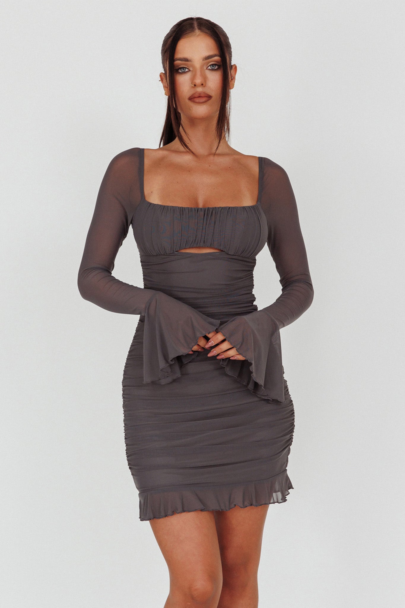 In Bloom Flared Cuff Mini Dress Charcoal by Selfie Leslie Australia