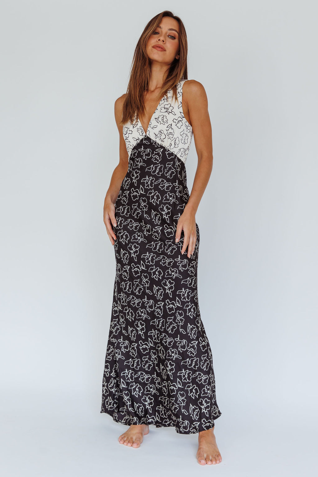 Coucou V-Neckline Maxi Dress Floral White/Black by Selfie Leslie Australia
