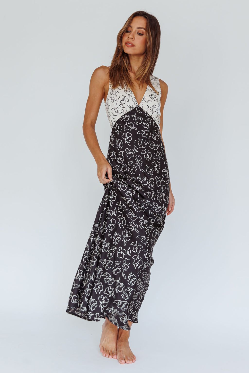 Coucou V-Neckline Maxi Dress Floral White/Black by Selfie Leslie Australia