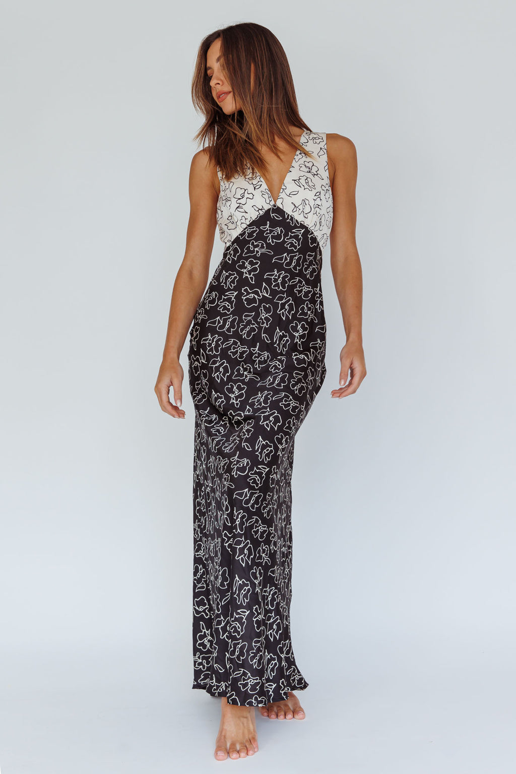 Coucou V-Neckline Maxi Dress Floral White/Black by Selfie Leslie Australia