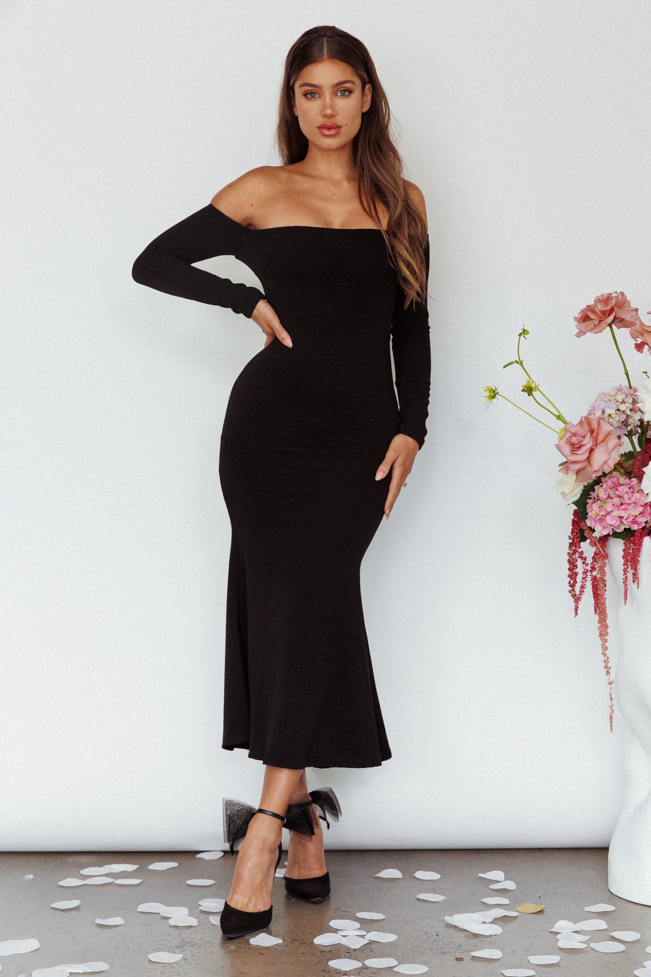 Speakeasy Off-Shoulder Maxi Dress Black by Selfie Leslie Australia