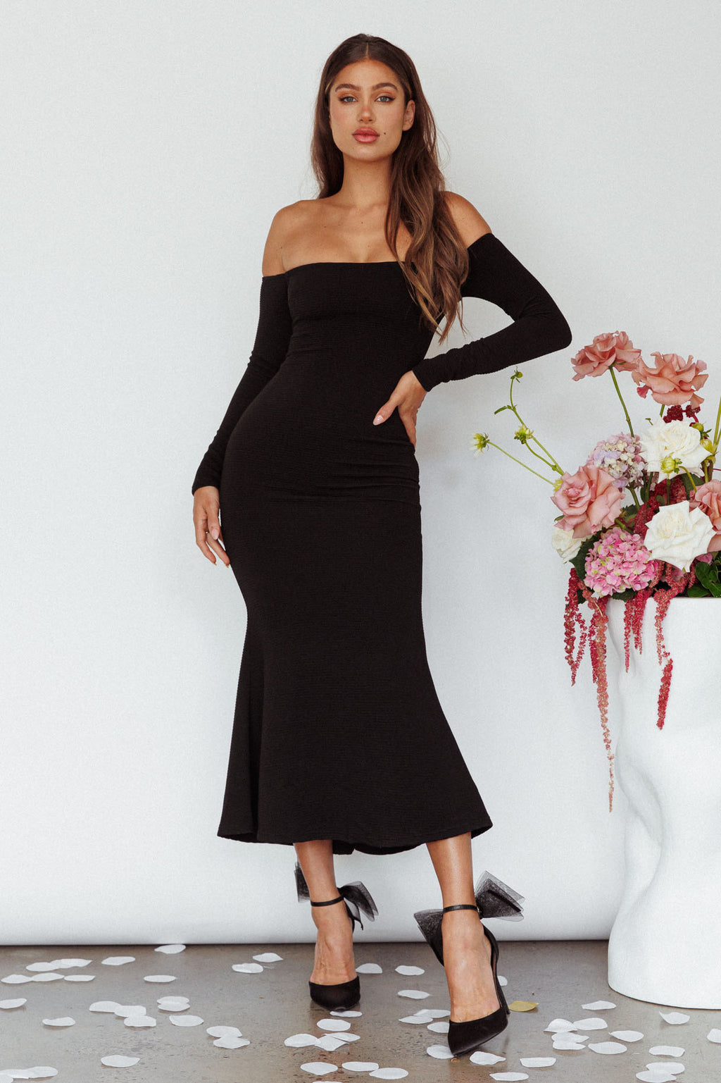 Speakeasy Off-Shoulder Maxi Dress Black by Selfie Leslie Australia