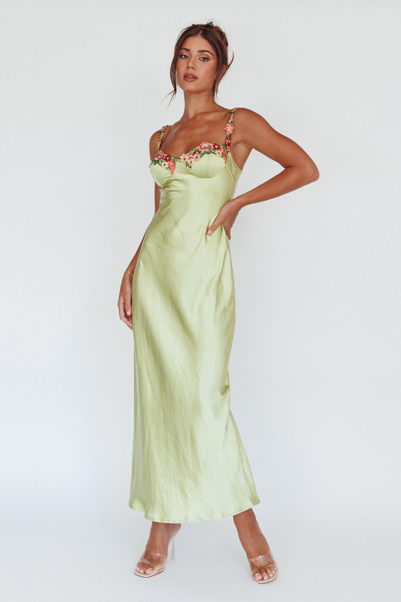 Rose Garden Floral Applique Midi Dress Lime by Selfie Leslie Australia