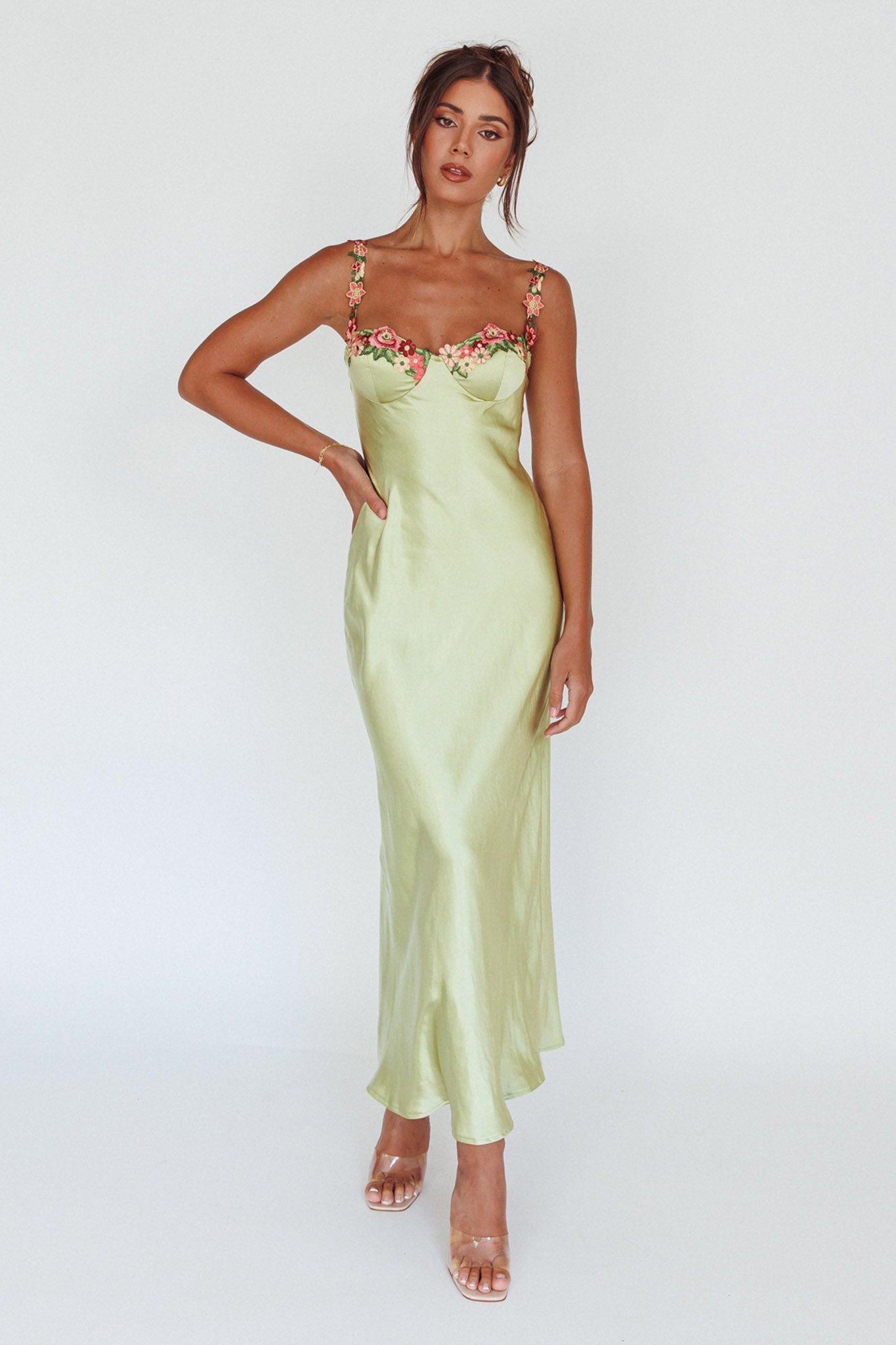 Rose Garden Floral Applique Midi Dress Lime by Selfie Leslie Australia