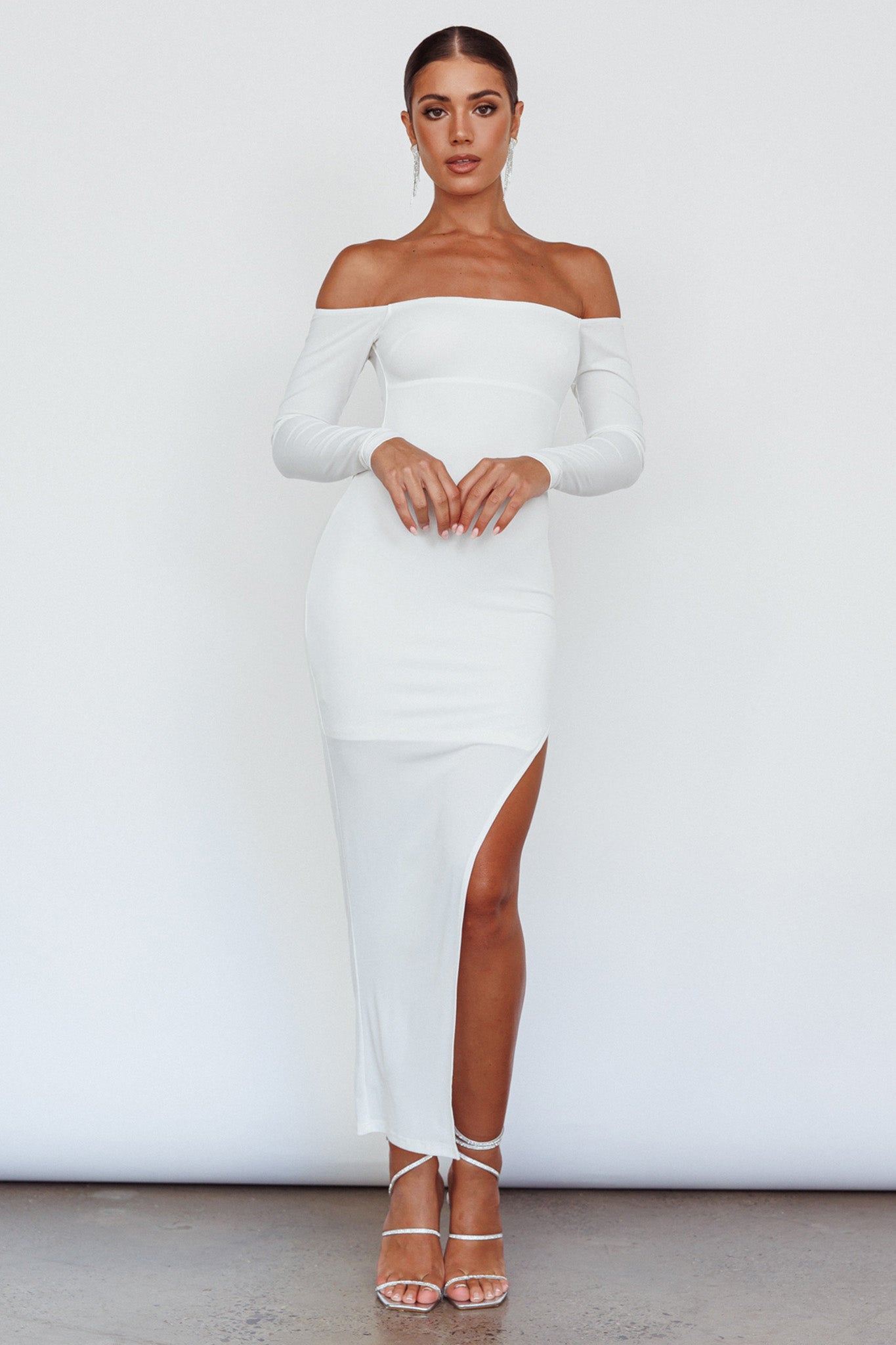 Sentimental Mood Off-Shoulder Midi Dress White by Selfie Leslie Australia