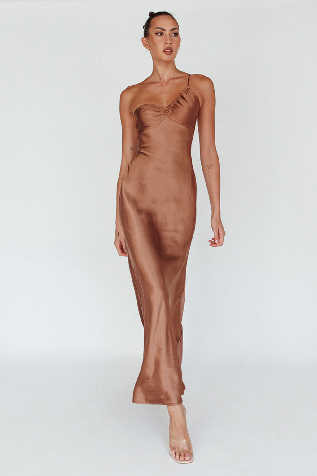 Twilight Tango One-Shoulder Maxi Dress Mocha by Selfie Leslie Australia