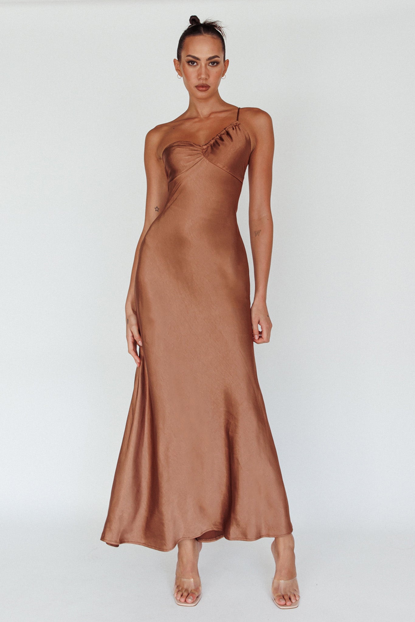 Twilight Tango One-Shoulder Maxi Dress Mocha by Selfie Leslie Australia