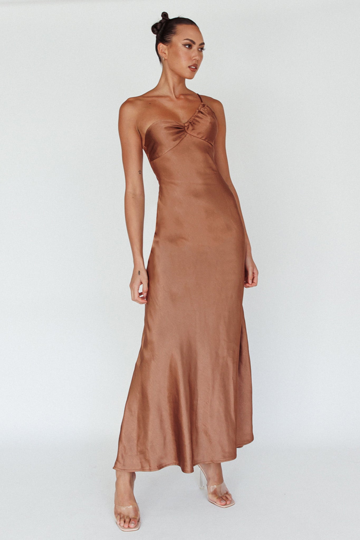 Twilight Tango One-Shoulder Maxi Dress Mocha by Selfie Leslie Australia