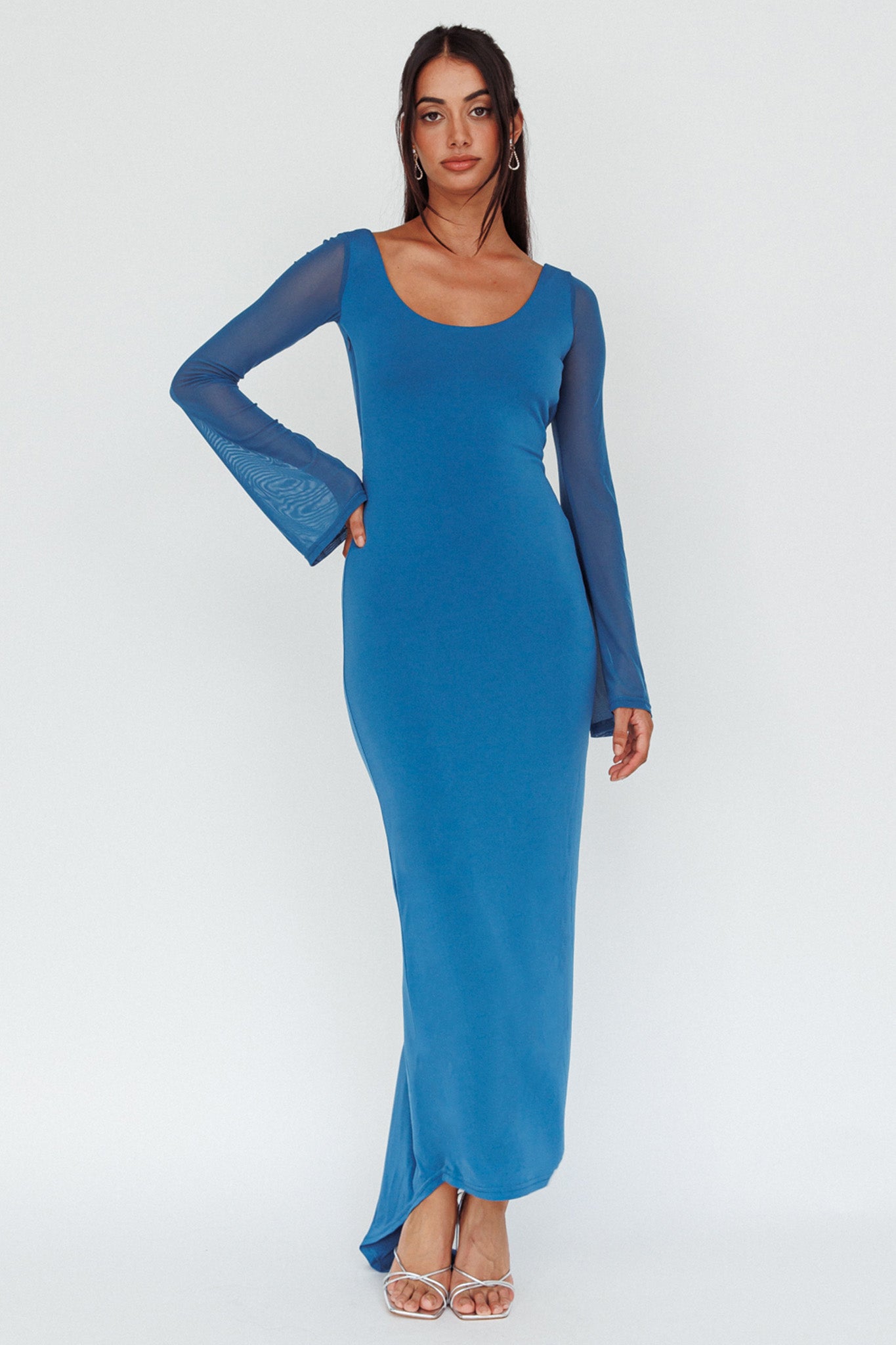 Crystal Ball Open Back Ruched Maxi Dress Blue by Selfie Leslie Australia