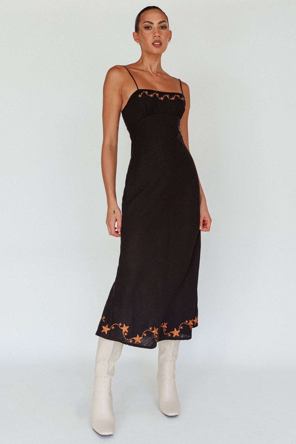 Star Garden Embroidered Midi Dress Black by Selfie Leslie Australia