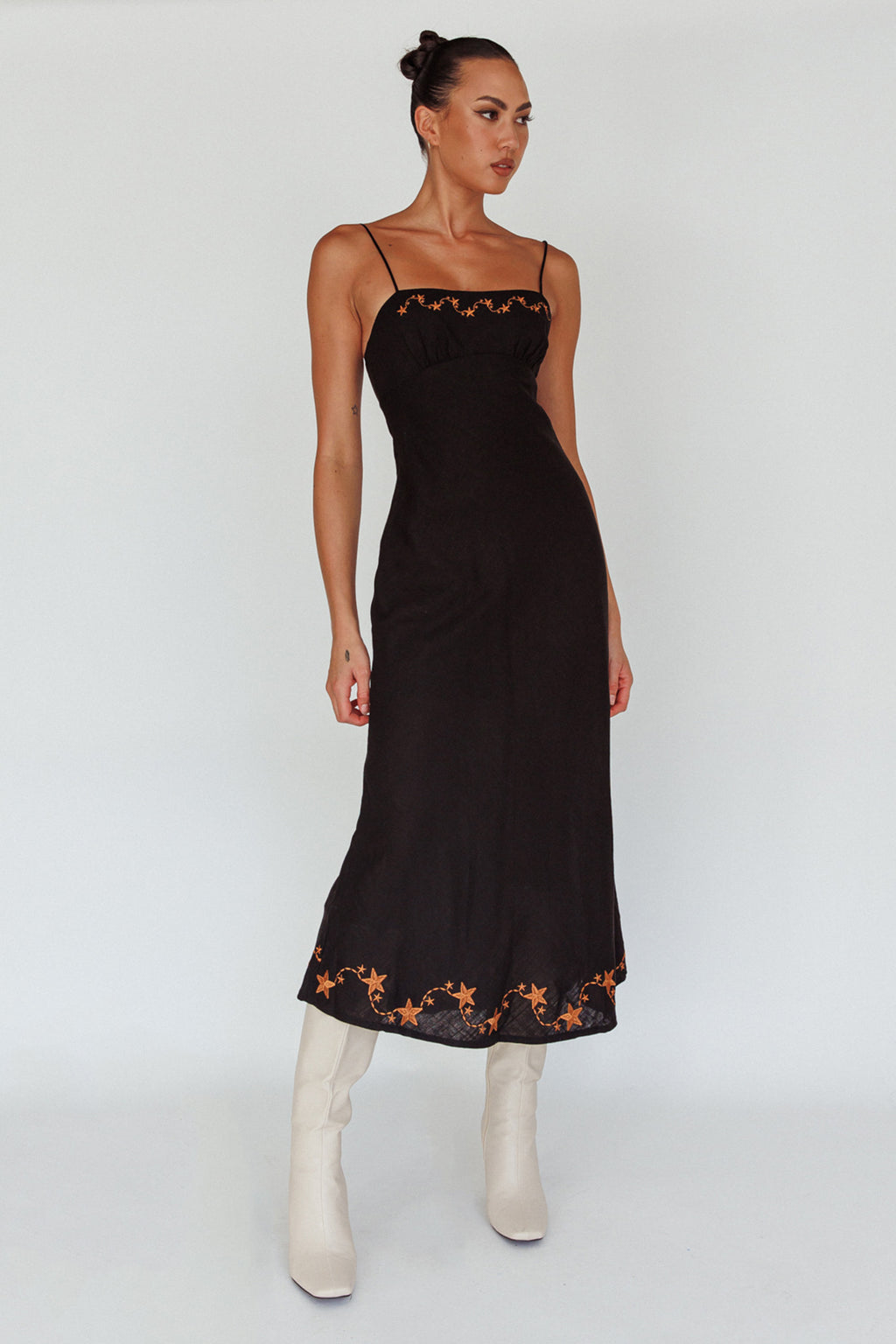 Star Garden Embroidered Midi Dress Black by Selfie Leslie Australia