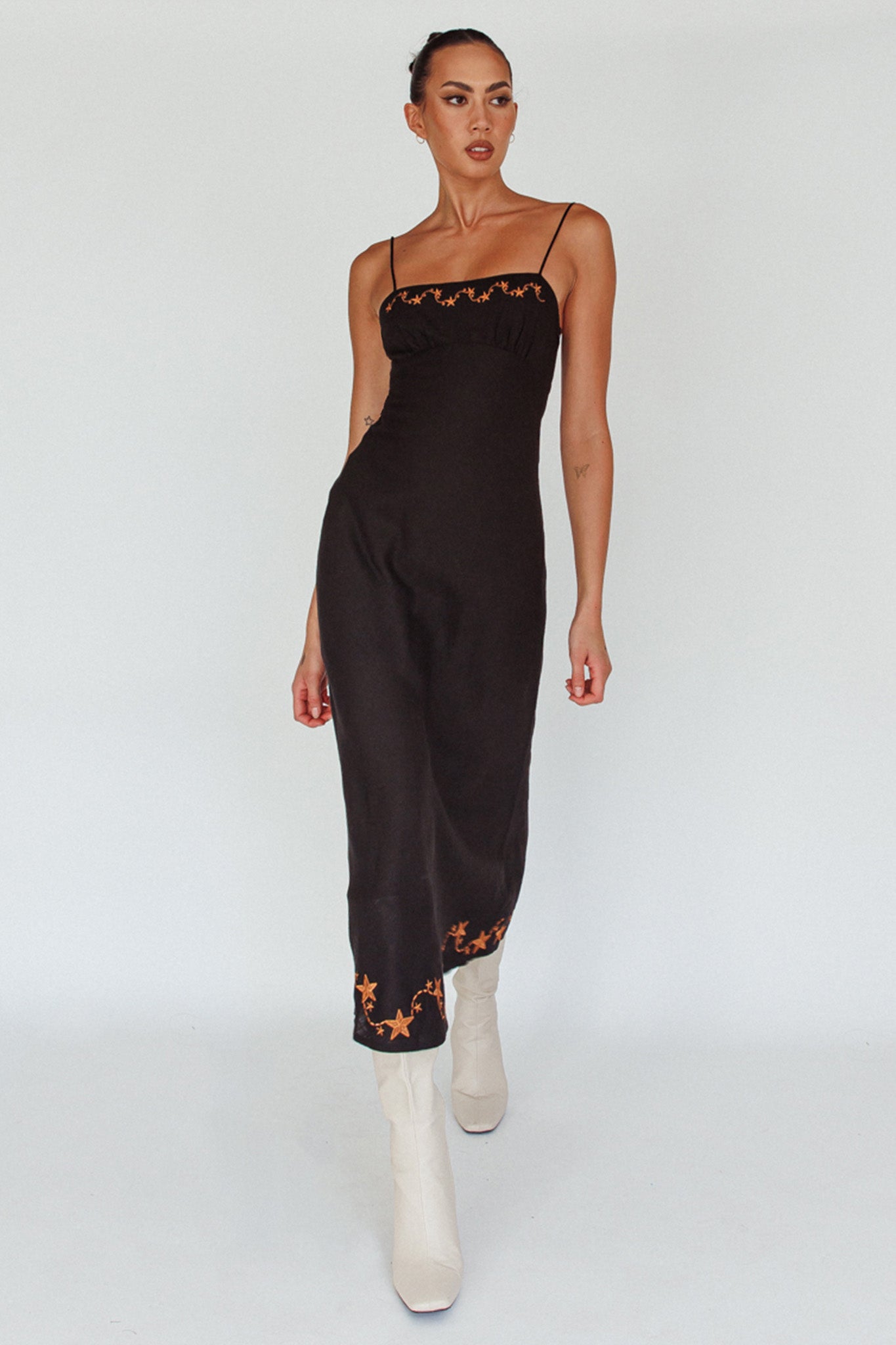 Star Garden Embroidered Midi Dress Black by Selfie Leslie Australia