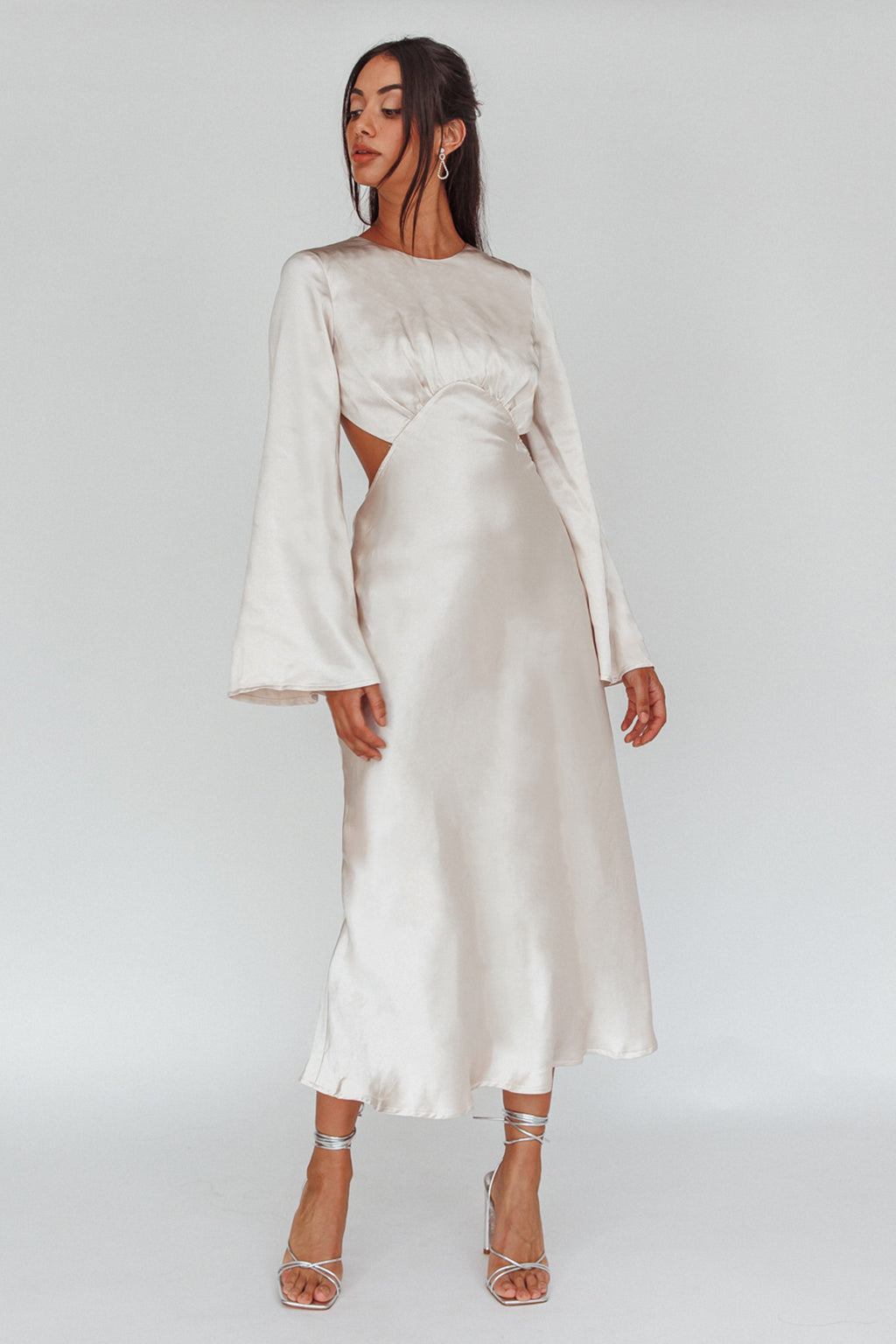 Doting Bell Sleeve Cut-Out Midi Dress Champagne by Selfie Leslie Australia