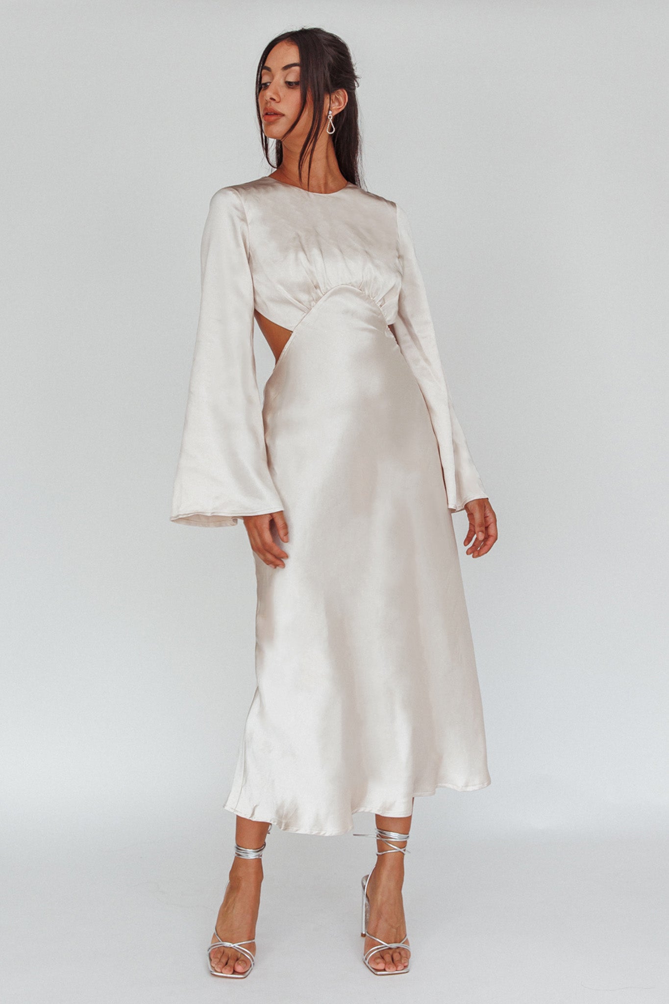 Doting Bell Sleeve Cut-Out Midi Dress Champagne by Selfie Leslie Australia