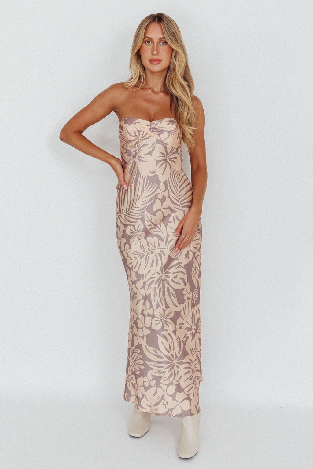 Kona Cowl Back Midi Dress Floral Beige by Selfie Leslie Australia