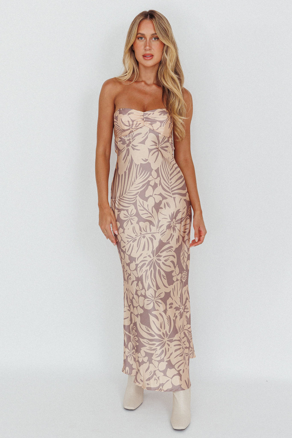 Kona Cowl Back Midi Dress Floral Beige by Selfie Leslie Australia