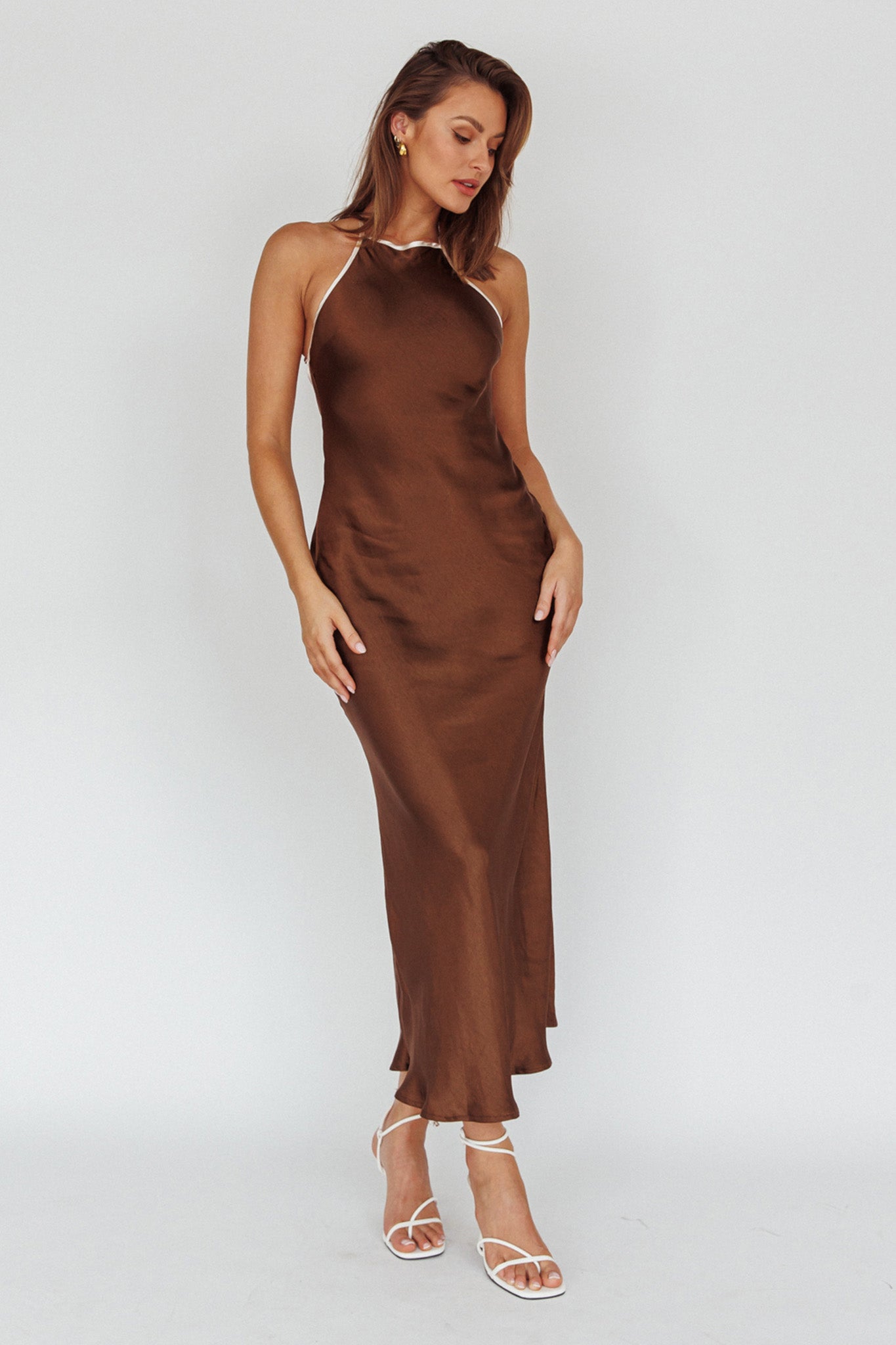 Midsomer Dawn Criss-Cross Back Maxi Dress Chocolate by Selfie Leslie Australia