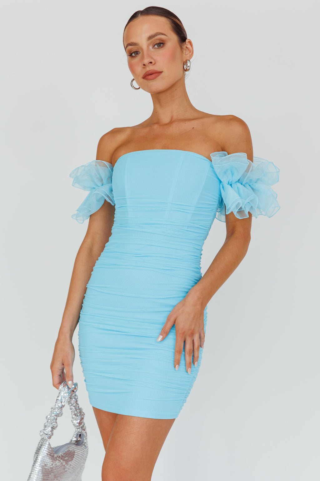 Star Dust Off-Shoulder Frill Sleeve Mini Dress Baby Blue by Selfie Leslie Australia